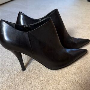 Black Leather Pointed-Toe Ankle Booties